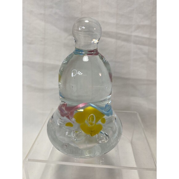 Vintage Joe St Clair Pink Yellow and Blue Flowers Green Leaves Bell Paperweight - Picture 4 of 12